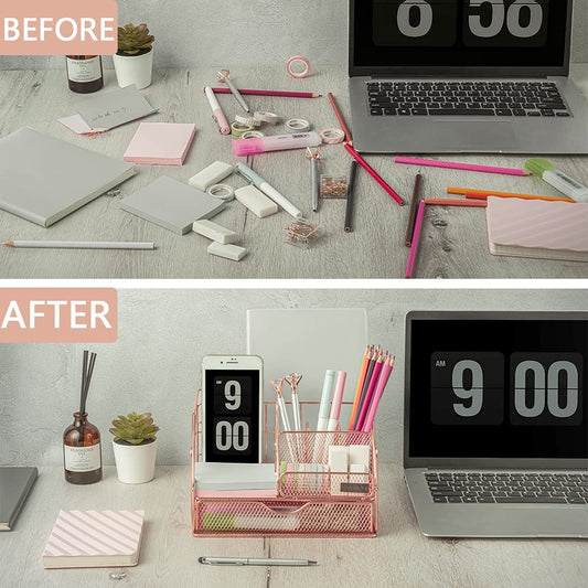 Desk Organizers and Accessories - Upgraded Desktop Organizer for Woman, Features 6 Compartments + 1 Large Sliding Drawer (Rose Gold)