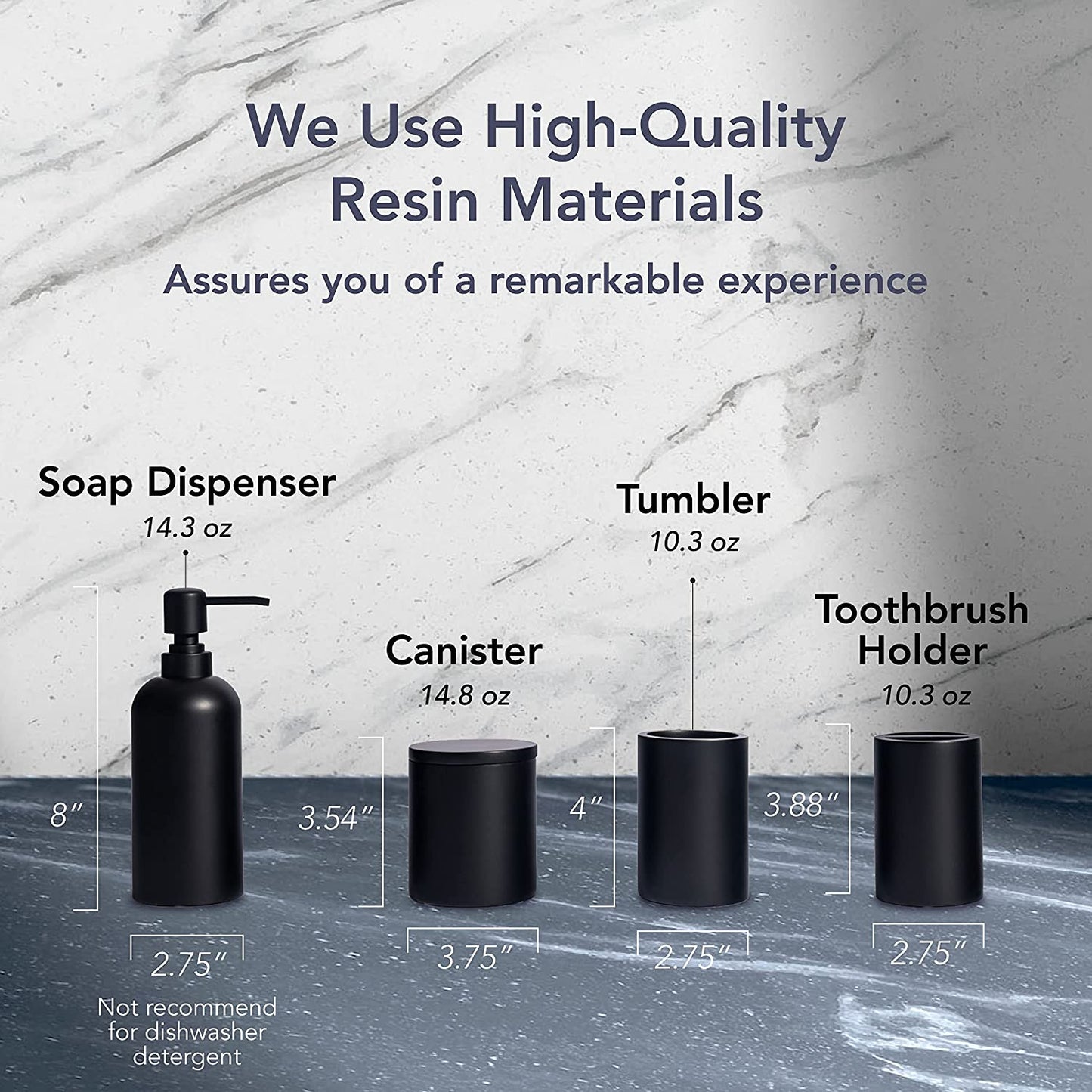 Bathroom Accessories Matte Black Set of 4, Bathroom Organization, Bathroom Accessory Set - Soap Dispenser, Bathroom Jars, Toothbrush Cup, Brush Holder, Made of Resin, Modern Home Decor