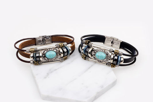 Retro Synthetic Turquoise Unisex Leather Wristband Bracelet for Men or Women