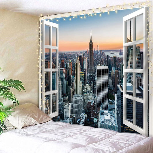 New York Window Tapestry 59Hx78W Inch Skyline City Cityscape Landscape Large Wall Hanging Bedroom Men Poster Backdrop Sunset Building Business Center Window Wall Art Living Room Dorm Decor Fabric