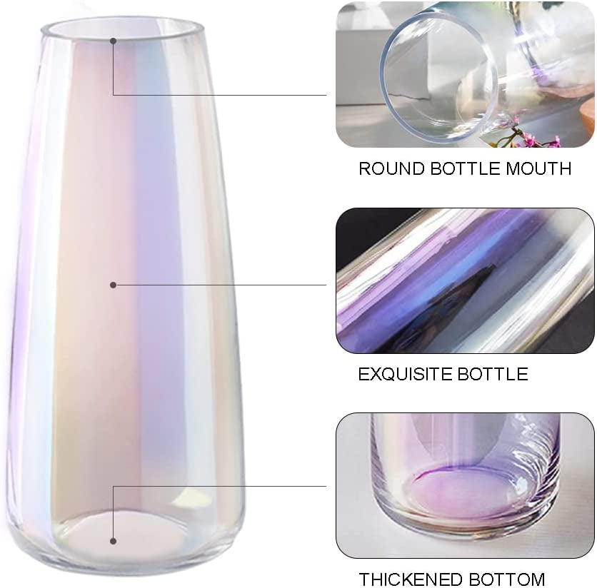 Flower Glass Vase for Decor Home Handmade Modern Large Flower Vases for Centerpieces Living Room Kitchen Office Wedding 8.7 Inch ( Iridescent Clear )