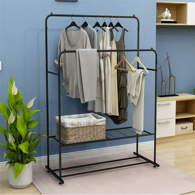 Garment Rack Freestanding Hanger Double Pole Multi-functional Bedroom Clothing Rack,Metal Clothing Garment Rack with Shelves,Black