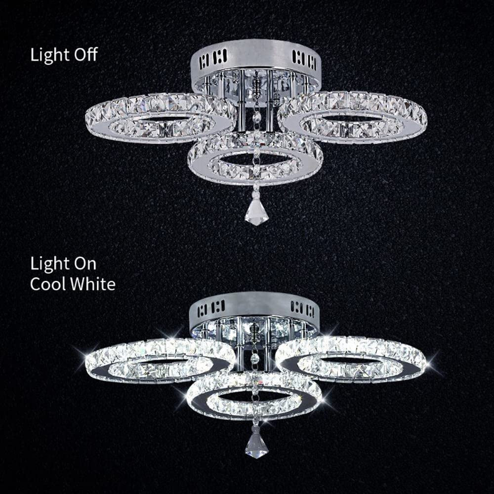 Deckrico Modern Crystal Chandelier Flush Mount Stainless Steel Pendant Ceiling Lamp 3-Rings round LED Light Fixtures for Living Room Bedroom Restaurant Porch Dining Room (Cool White)