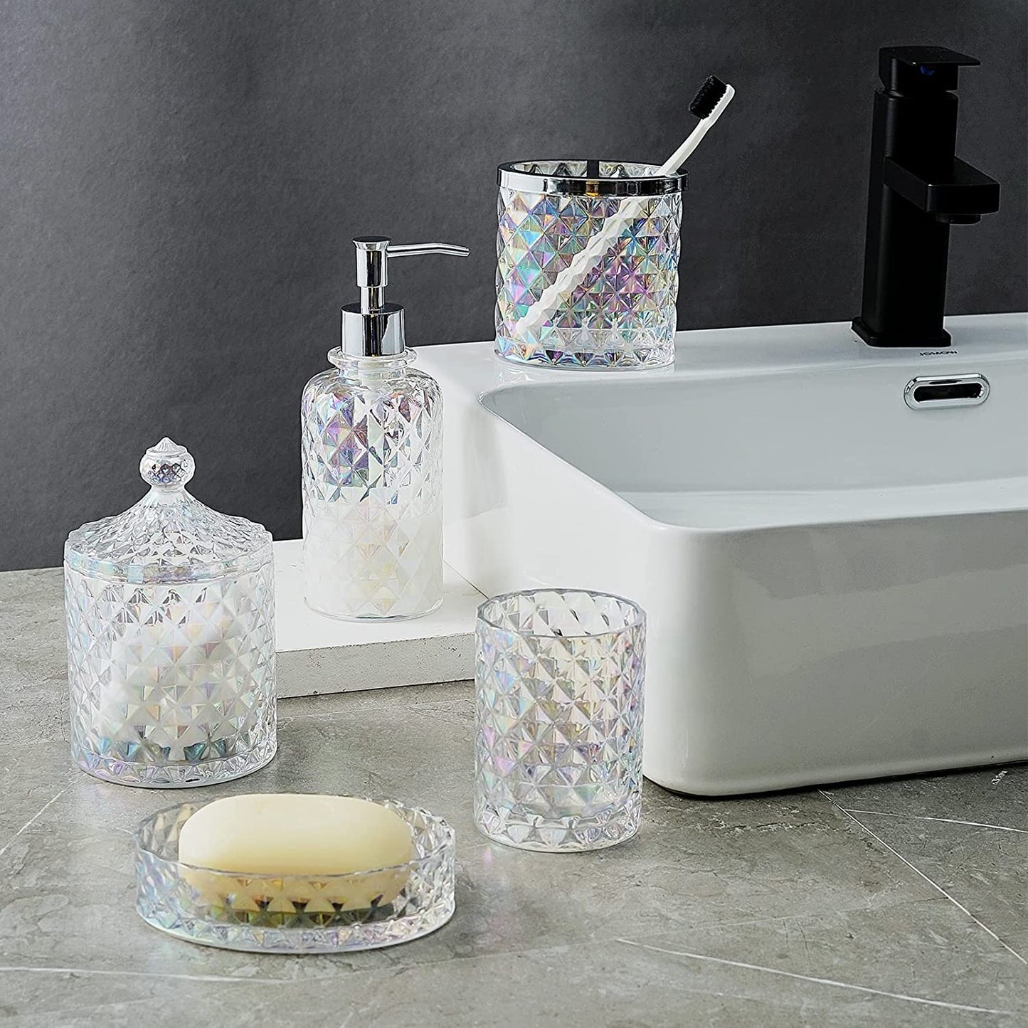 Set of 5 Glass Bathroom Accessories Set Include Soap Dispenser & Tumbler & Soap Dish & Toothbrush Holder & Apothecary Jar(Luxurious Crystal Sparkling Colored)