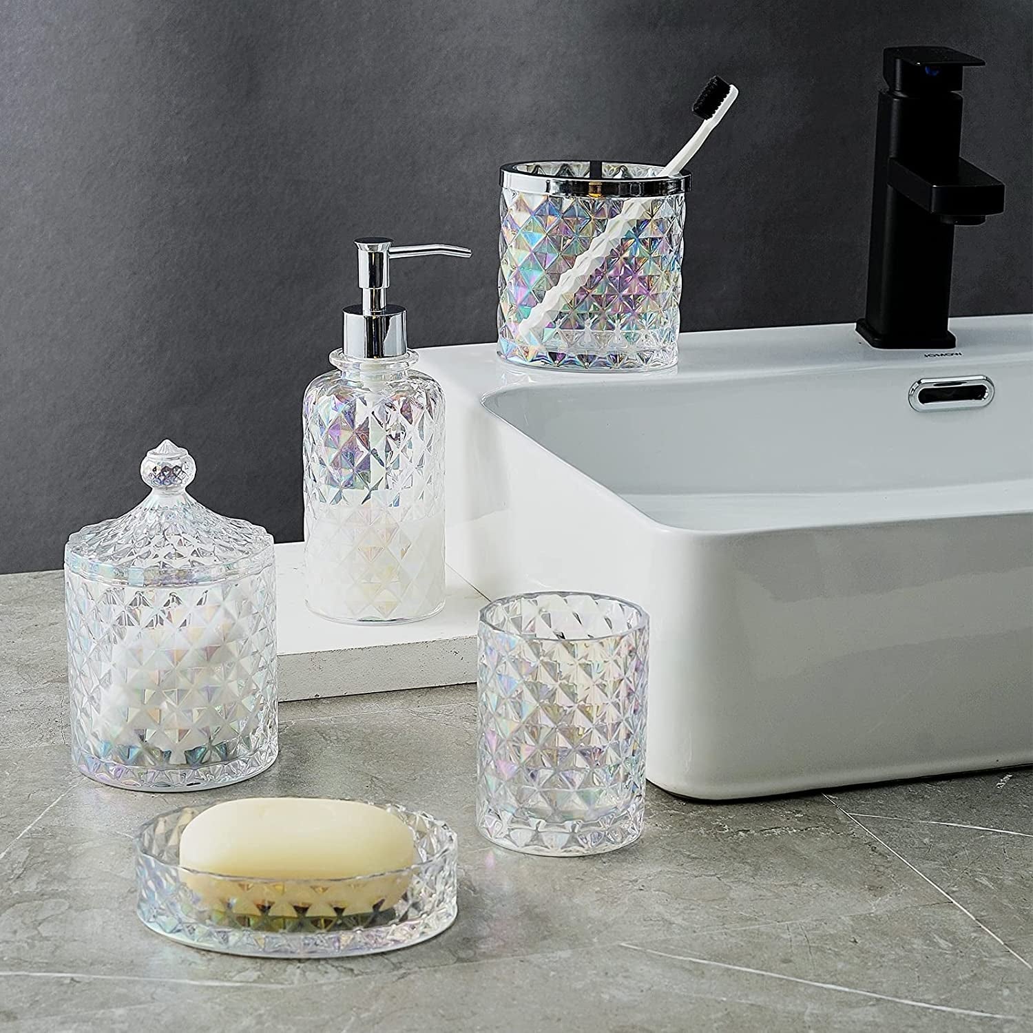 Set of 5 Glass Bathroom Accessories Set Include Soap Dispenser & Tumbler & Soap Dish & Toothbrush Holder & Apothecary Jar(Luxurious Crystal Sparkling Colored)
