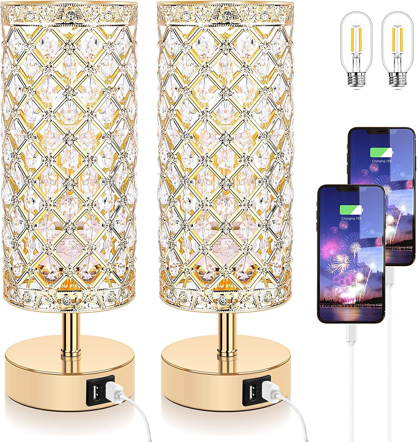 Set of 2 Touch Control Crystal Table Lamps with 2 USB Ports, 3-Way Dimmable Bedside Nightstand Gold Lamps with Decorative Crystal, Small Table Lamps for Bedrooms Living Room, Led Bulbs Included