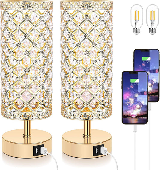 Set of 2 Touch Control Crystal Table Lamps with 2 USB Ports, 3-Way Dimmable Bedside Nightstand Gold Lamps with Decorative Crystal, Small Table Lamps for Bedrooms Living Room, Led Bulbs Included