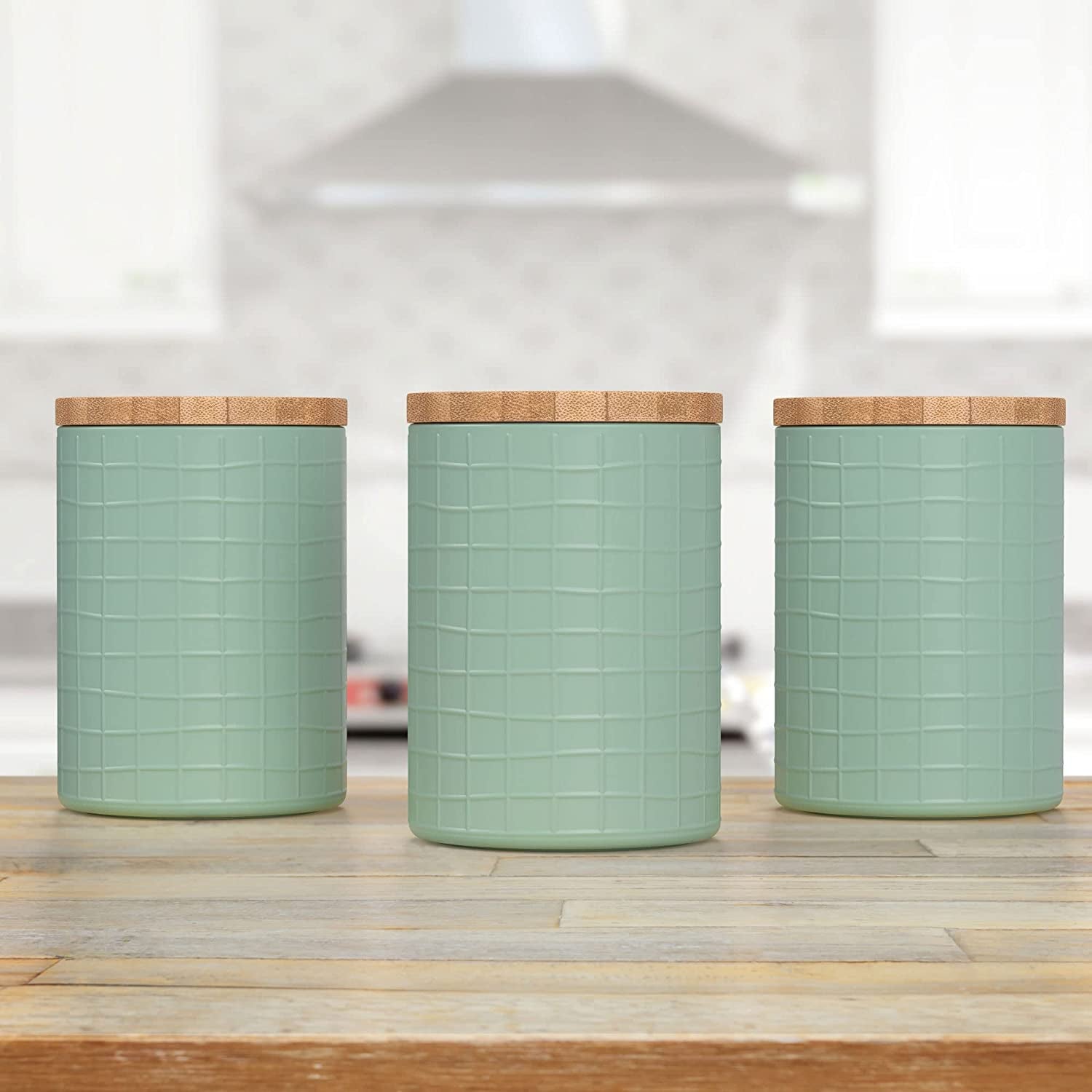 Kitchen Canisters with Bamboo Lids, Airtight Metal Canister Set, Coffee, Sugar, Tea, Flour Storage Containers, Farmhouse Kitchen Decor, Mint, 5.25” X 6.75”, Set of 3