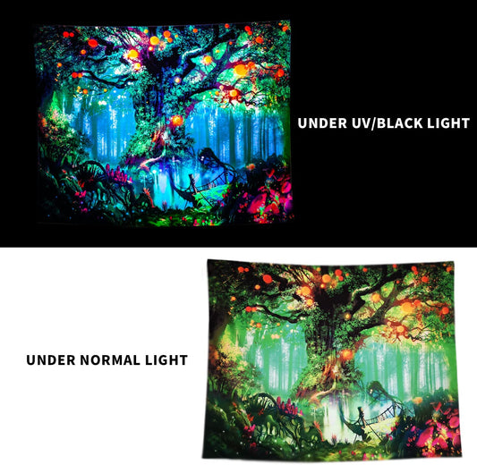 Blacklight Tapestry UV Reactive Tree of Life Tapestry Wall Hanging, Fantasy Forest Tapestries with Fairy Tales Tapestry Posters Trippy Mushroom Tapestry for Bedroom Glow in the Dark (59.1 in X 82.7 In)