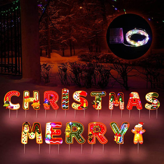 Homify Christmas Outside Decorations for Yard with Light String - 15 Pack Xmas Letters Yard Sign Large Yard Stakes Decor- Holiday Outdoor Signs for Home Lawn Pathway Walkway