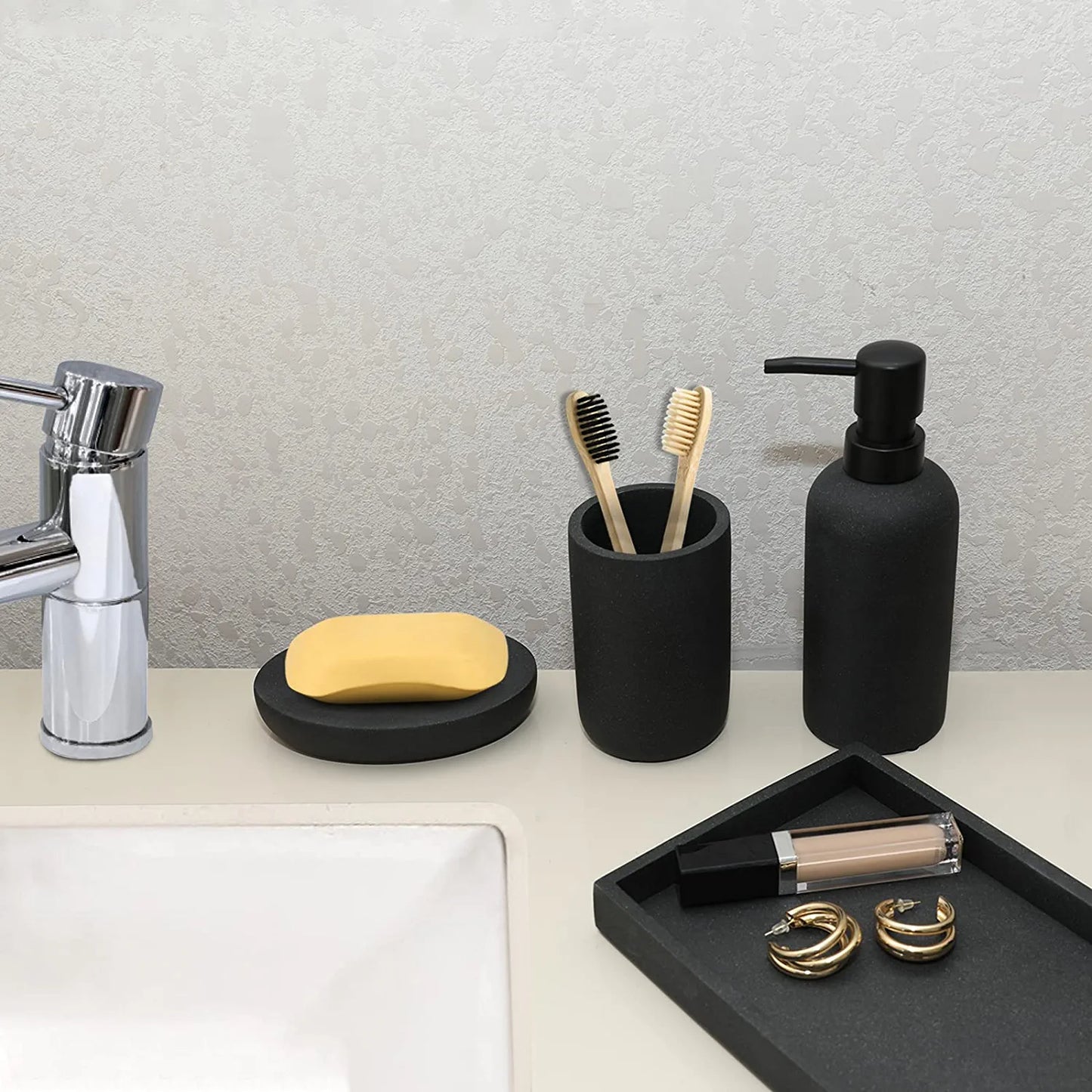 Bathroom Accessory Set-4 Pcs Complete Resin Bathroom Counter Vanity Accessories Sets Vanity Tray Lotion Dispenser/Soap Pump Toothbrush Holder Soap Dish-Matte Black Sandstone Modern Decor