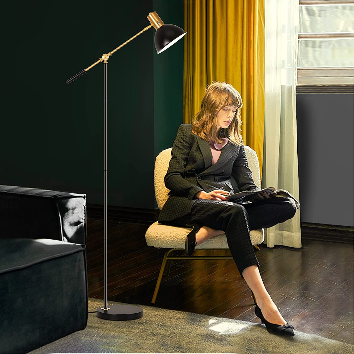 Industrial Floor Lamp Fully Dimmable LED Task Floor Lamp with Adjustable Arm, Modern Standing Lamp Tall Pole Lamp with Flexible Lamp Head for Reading Sewing Studying, A19 LED Bulb Included