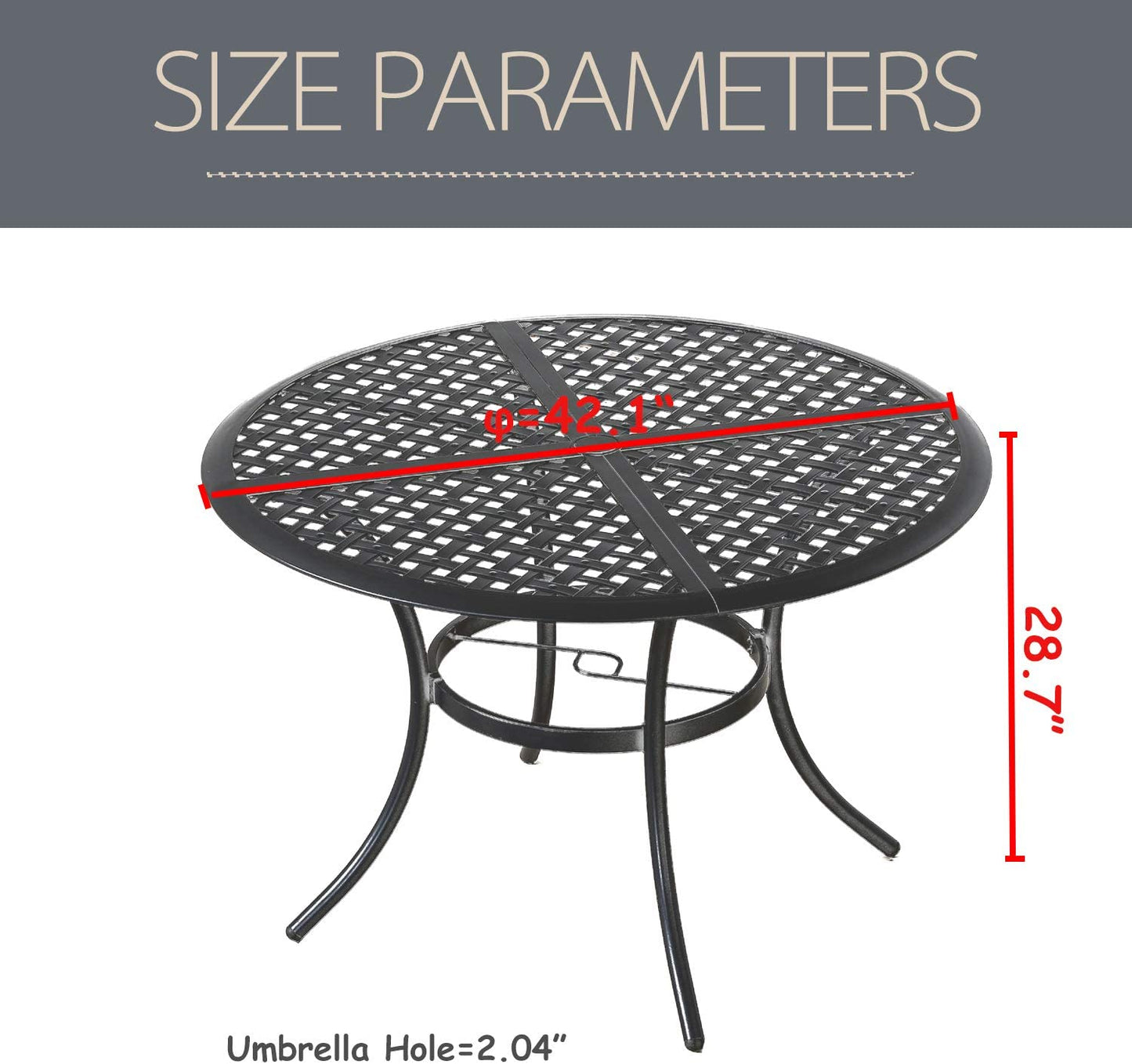 42.1" Outdoor round Cast Wrought Iron Patio Metal Dining Table with Umbrella Hole, Steel Frame for Backyard Lawn Balcony Deck, Black