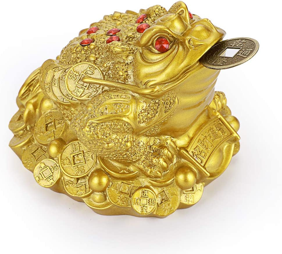 Large Money Toad Statue, Feng Shui Three Legged Toad with Coin, Lucky Charm Wealth Frog for Cash Register, Office Desk , House Warming, Store Opening Gift (Gold)