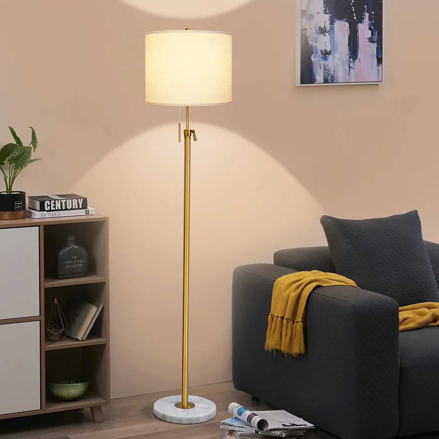 Modern Floor Lamp for Living Room, Adjustable Height Standing Lamp with Marble Base,3-Way Dimmable Gold Brass Tall Pole Light with White Linen Shade for Reading,Bedroom,Pull Chain Switch,Bulb Included