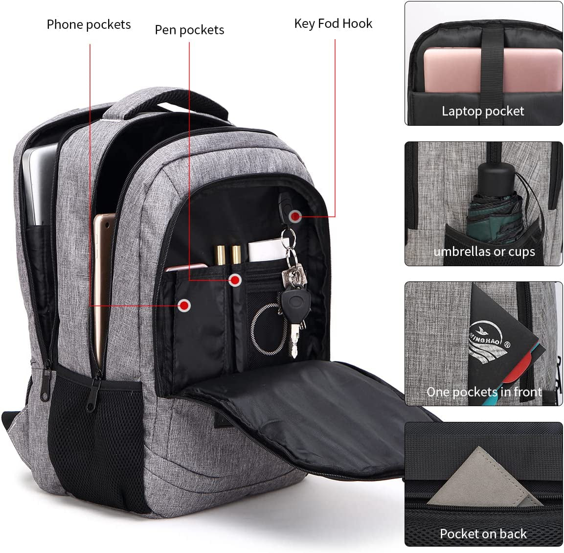 Travel Laptop Backpack anti Theft Water Resistant Backpacks School Computer Bookbag with USB Charging Port for Men Women College Students Fits 15.6 Inch Laptop (Grey)