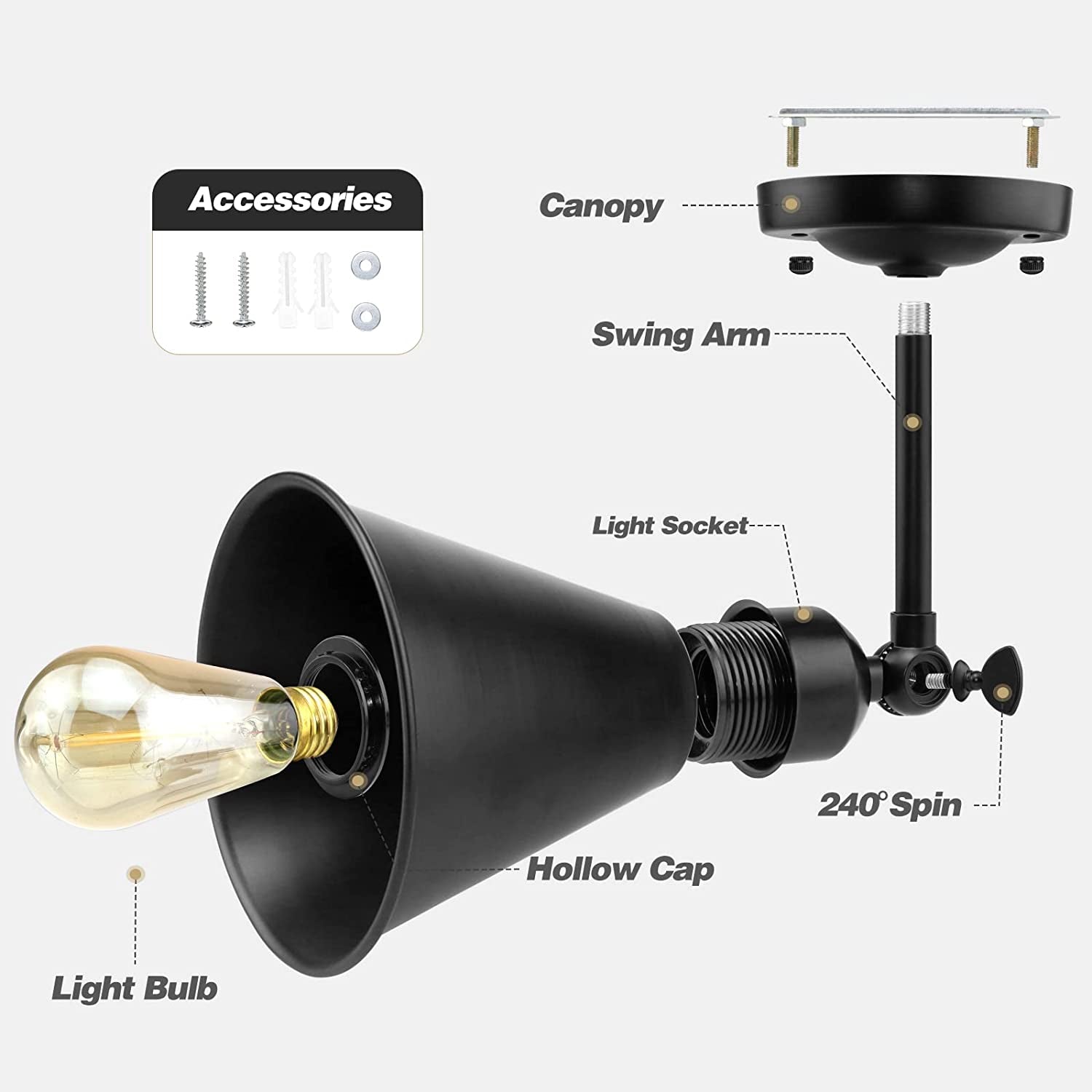 Vintage Wall Sconces, 2PACK Industrial Wall Sconces, Modern Black Wall Sconces Lighting, Wall Sconces Set of Two, 240 Degree Adjustable Antique Arm Swing Wall Lamp for Bedroom Bathroom Hallway Porch