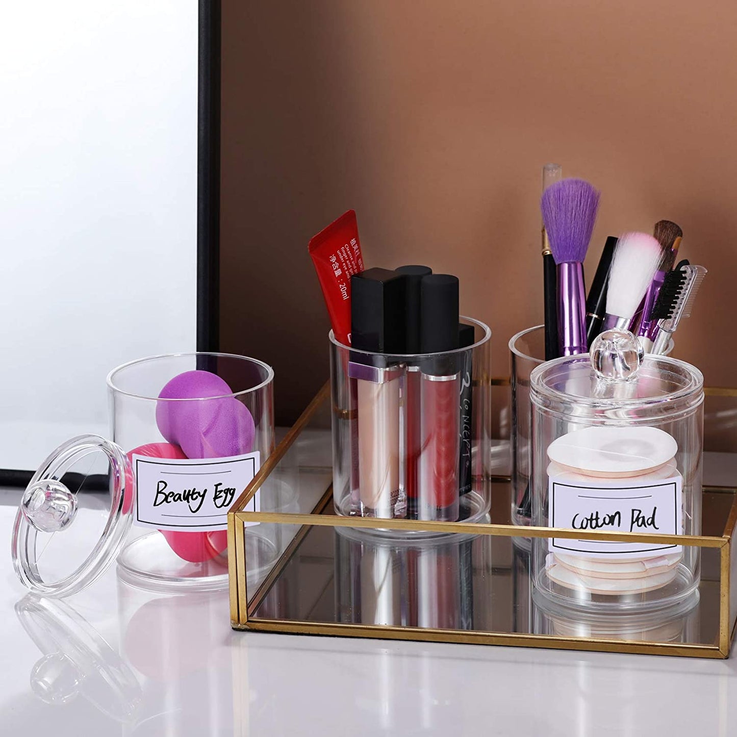 4 Pcs, 10 OZ Qtip Holder Dispenser for Cotton Ball, Cotton Swab, Cotton round Pads, Floss - Clear Plastic Apothecary Jar Set for Bathroom Canister Storage Organization, Vanity Makeup Organizer