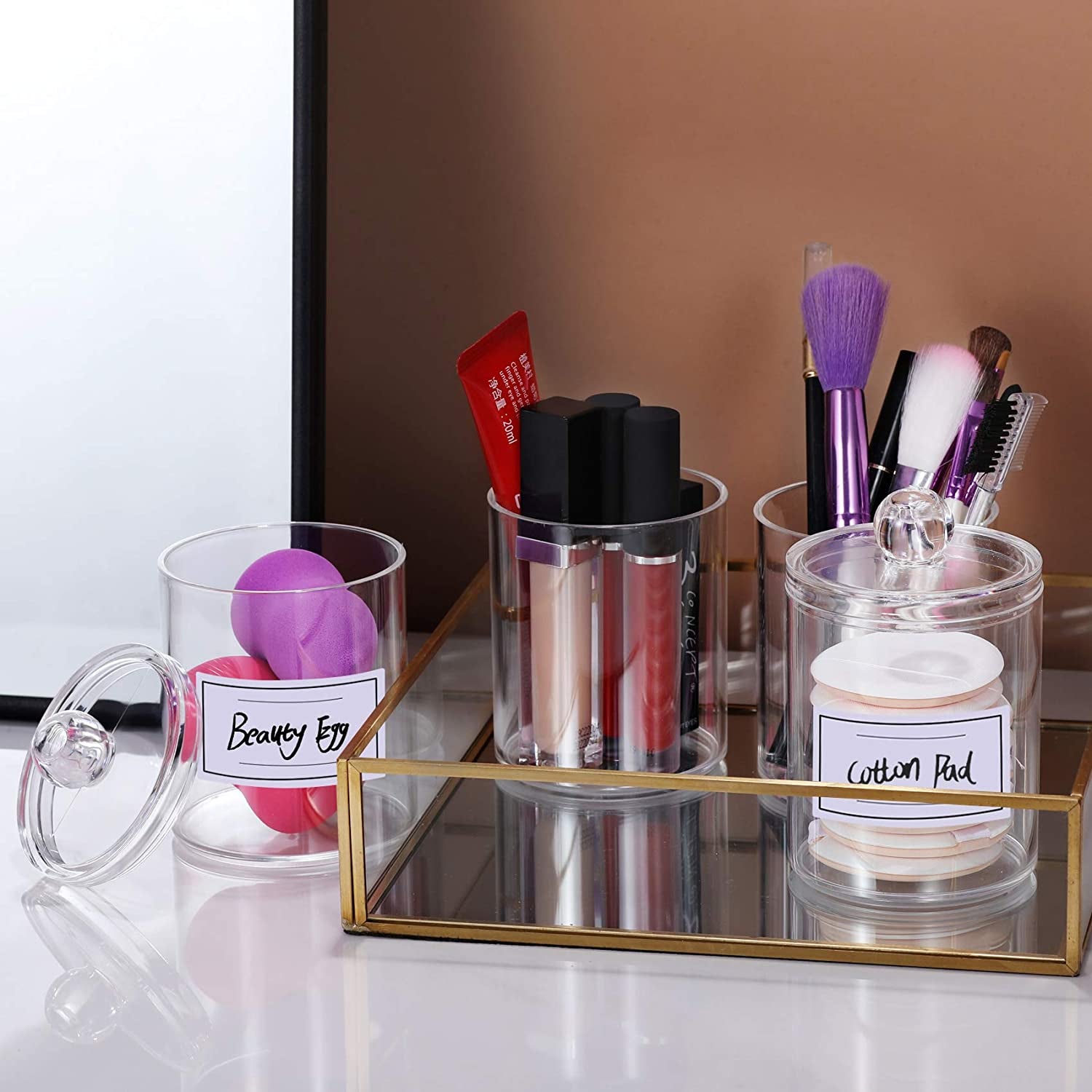 4 Pcs, 10 OZ Qtip Holder Dispenser for Cotton Ball, Cotton Swab, Cotton round Pads, Floss - Clear Plastic Apothecary Jar Set for Bathroom Canister Storage Organization, Vanity Makeup Organizer