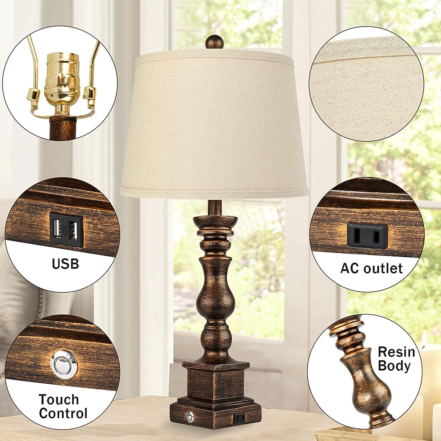 Touch Farmhouse Rustic Table Lamps Set of 2 for Living Room,3-Way Dimmable Resin Retro Bedside Nightstand Lamps Oatmeal Tapered Drum Shade for Bedroom with 2 USB Port and Outlet