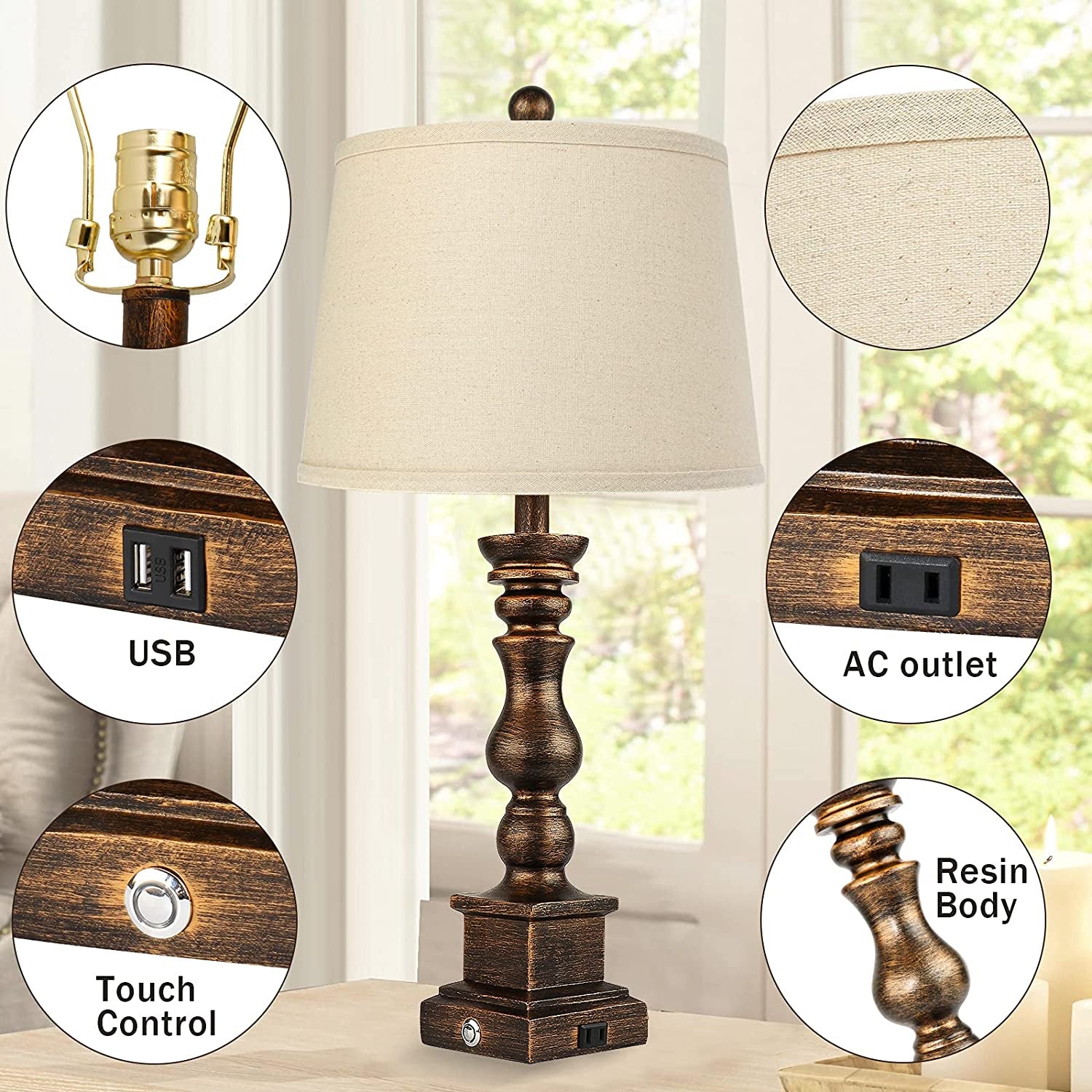 Touch Farmhouse Rustic Table Lamps Set of 2 for Living Room,3-Way Dimmable Resin Retro Bedside Nightstand Lamps Oatmeal Tapered Drum Shade for Bedroom with 2 USB Port and Outlet