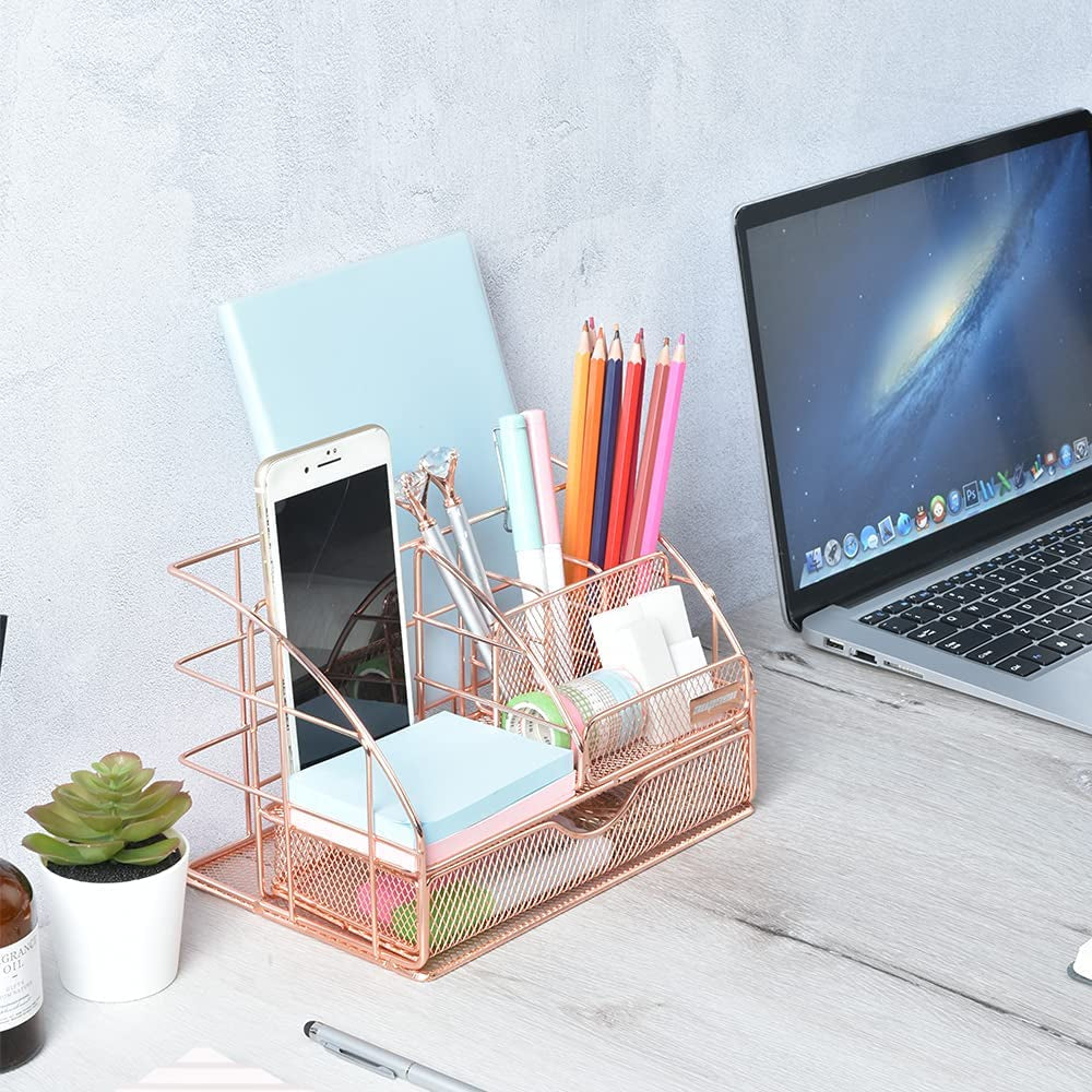 Desk Organizers and Accessories - Upgraded Desktop Organizer for Woman, Features 6 Compartments + 1 Large Sliding Drawer (Rose Gold)