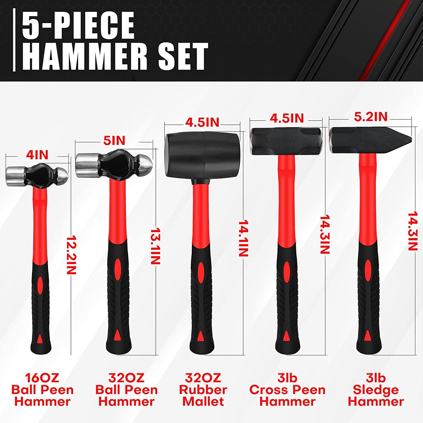 5-Piece Hammer Set, Fiberglass Handle Mallets for Soft Blow Tasks, Shock Reduction Grip Home Garage Kit with Rubber Hammer, Ball Peen Hammer, Sledge Hammer, Cross Peen Hammer