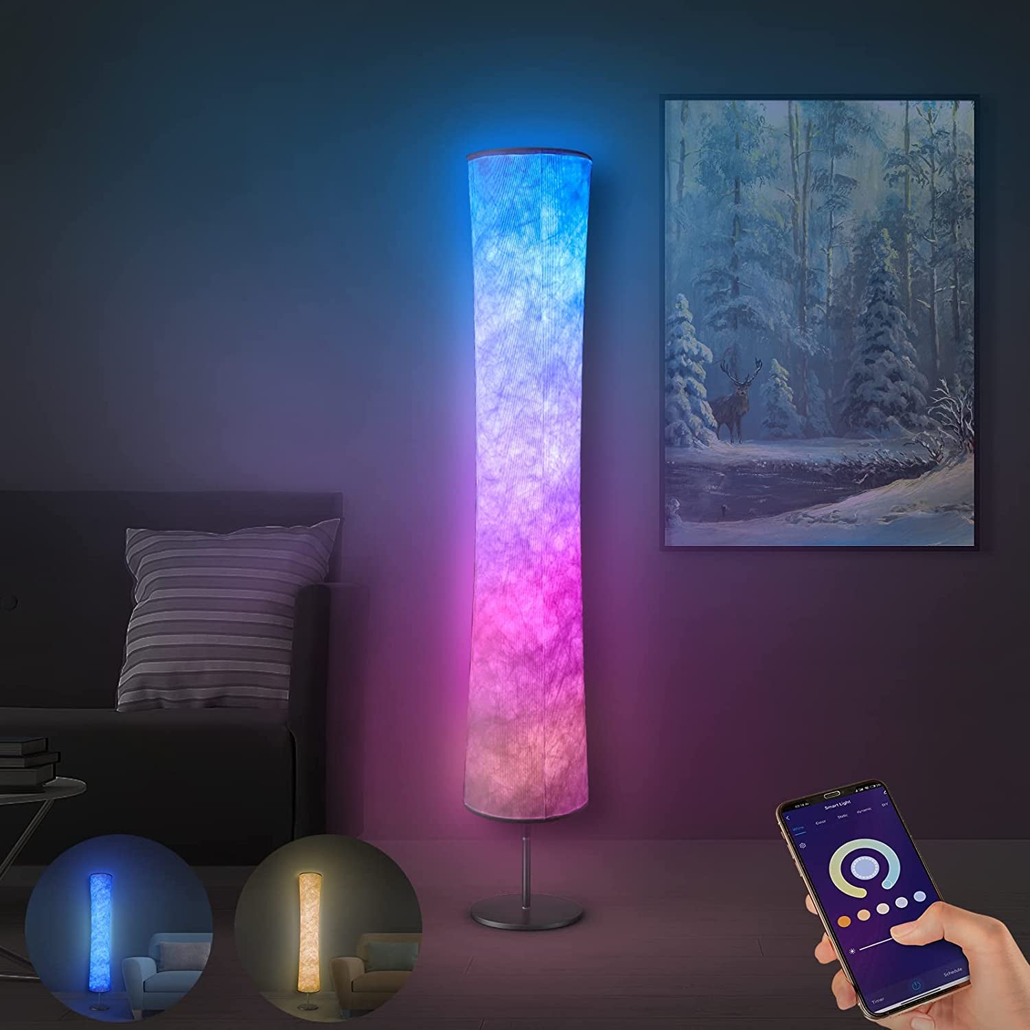Floor Lamp, RGB Color Changing Led Lamp, Smart Lamp Alexa APP Control, Modern Floor Lamp with DIY Mode, Music Sync and White Fabric Shade, Standing Lamp for Living Room Bedroom Game Room