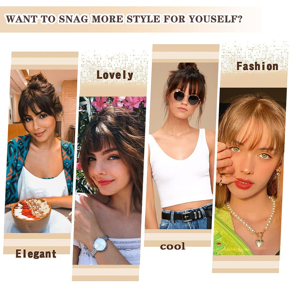 Clip in Bangs for Women 100% Human Hair Extensions Wispy Bangs Fringe with Temples Hairpieces Air Bangs Flat Bangs Clip Curved Bangs for Daily Wear (Light Brown)
