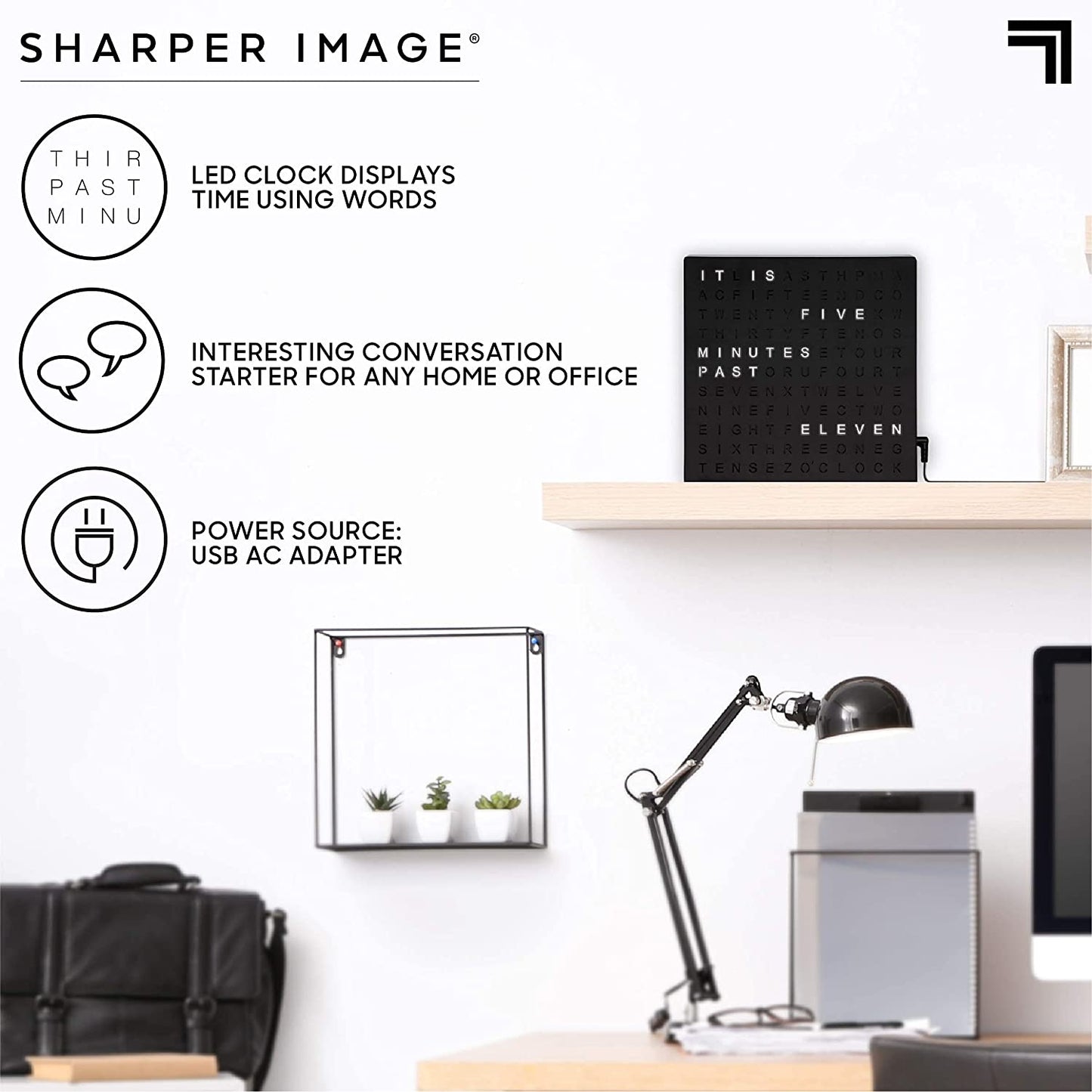 SHARPER IMAGE Light up Electronic Plug-In Word Clock, Black Finish with LED Light Display, USB Cord and Power Adapter, Unique Contemporary Home and Office Décor, Accent Desk Clock