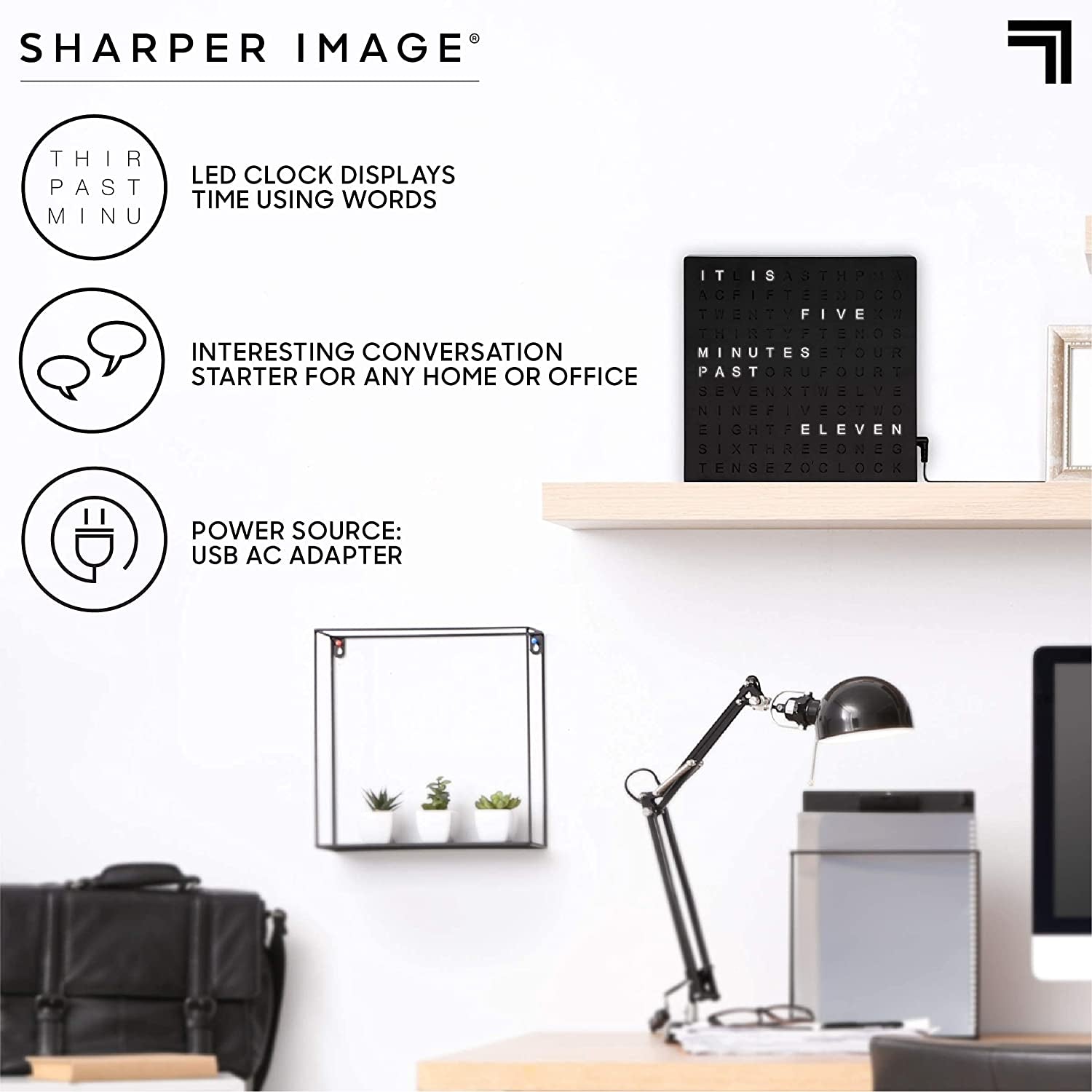 SHARPER IMAGE Light up Electronic Plug-In Word Clock, Black Finish with LED Light Display, USB Cord and Power Adapter, Unique Contemporary Home and Office Décor, Accent Desk Clock