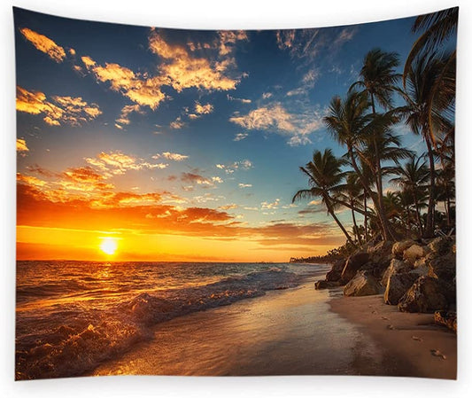 Ocean Tapestry Wall Hanging Art Tapestry Exotic Nature Beach Palm Tree Sunrise Sunset Sky Landscape Aesthetic Tapestry Wide Wall Hanging for Bedroom Living Room Dorm (51 X 59Inch)