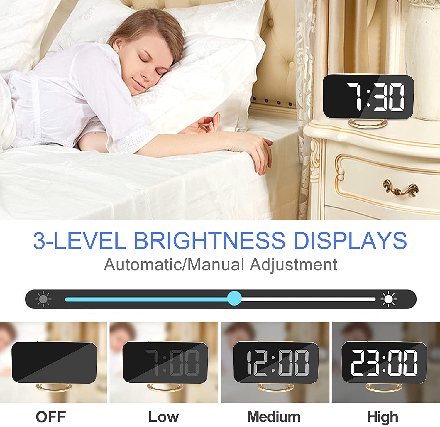 Digital Alarm Clock,7 in LED Mirrored Clocks Large Display,With 2 USB Charger Ports,Auto Dim,Night Mode,Modern Desktop Electronic Clocks for Bedroom Home Office Decor - Gold