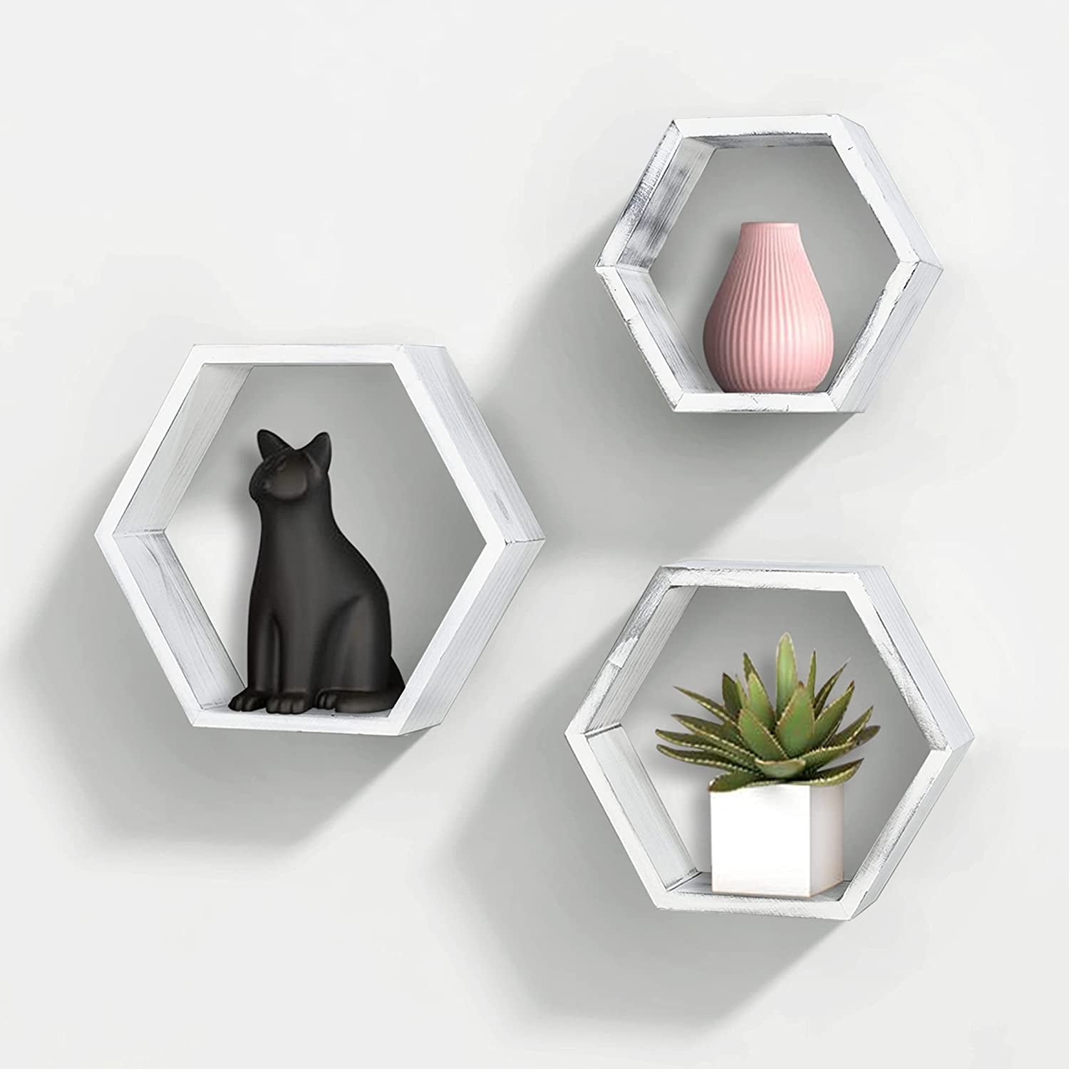 Wall Mounted Hexagon Floating Shelves, Wooden Wall Organizers Hanging Shelf for Home Decor, Set of 3, Rustic White