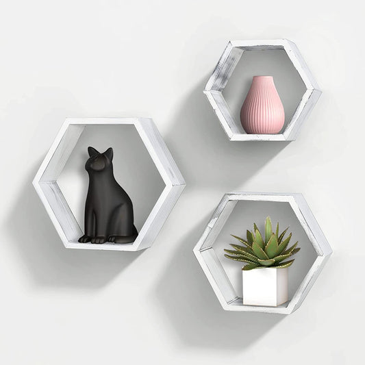 Wall Mounted Hexagon Floating Shelves, Wooden Wall Organizers Hanging Shelf for Home Decor, Set of 3, Rustic White