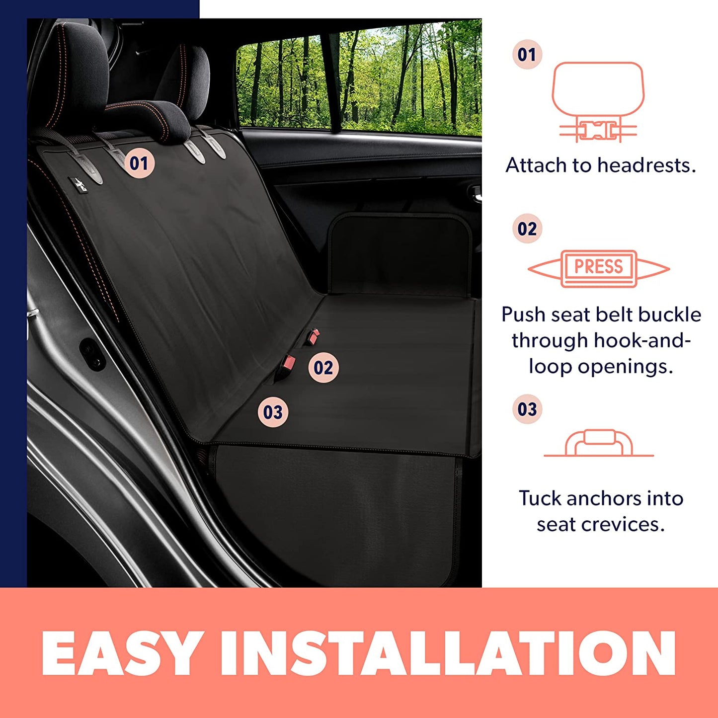 Car Seat Cover for Dogs - Standard Waterproof Dog Seat Cover for Back Seat in SUV or Truck - Convertible Pet Hammock & Trunk Protector for Travel - Black
