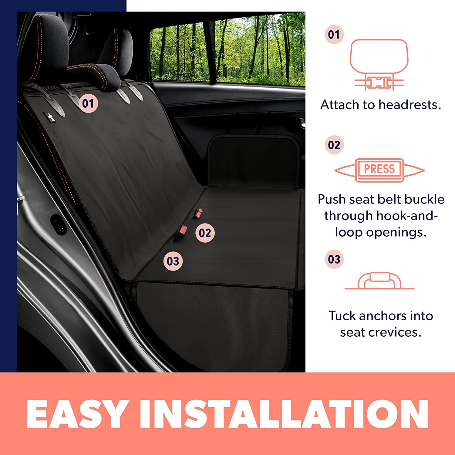 Car Seat Cover for Dogs - Standard Waterproof Dog Seat Cover for Back Seat in SUV or Truck - Convertible Pet Hammock & Trunk Protector for Travel - Black