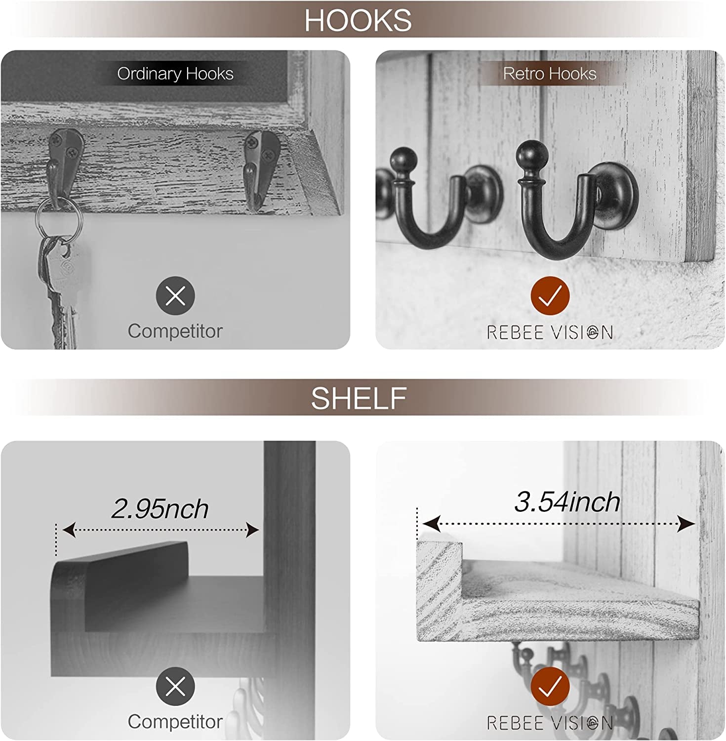 Decorative Key and Mail Holder for Wall - Rustic Key Hooks with Floating Shelves Mail Organizer for House Apartment Entryway Decor - Premium Key Hanger, Light Grey