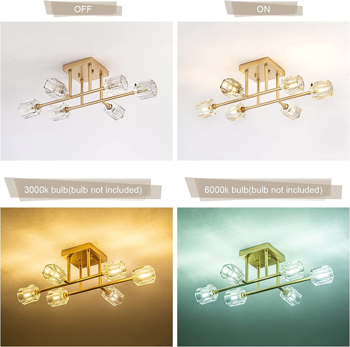 6-Light Industrial Semi Flush Mount Ceiling Light Fixture Brushed Gold, 24 Inch Modern Sputnik Chandelier Farmhouse Lighting for Kitchen Island Dining Living Room Bedroom Foyer Entry