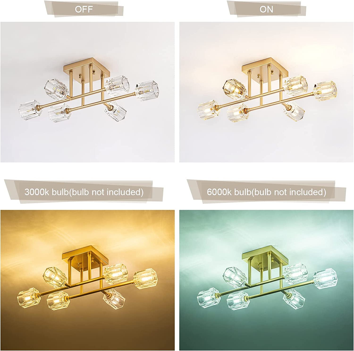 6-Light Industrial Semi Flush Mount Ceiling Light Fixture Brushed Gold, 24 Inch Modern Sputnik Chandelier Farmhouse Lighting for Kitchen Island Dining Living Room Bedroom Foyer Entry