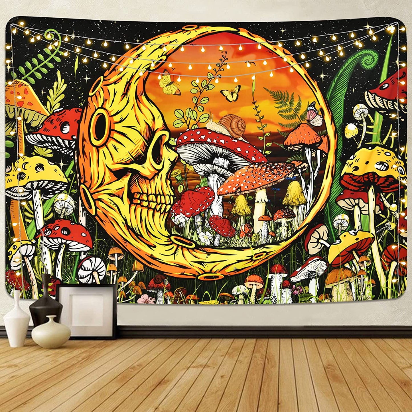 Trippy Mushroom Tapestry Moon Tapestry Skeleton Tapestry Skull Plants Tapestries Snail and Butterfly Tapestry Wall Hanging for Room(51.2 X 59.1 Inches)