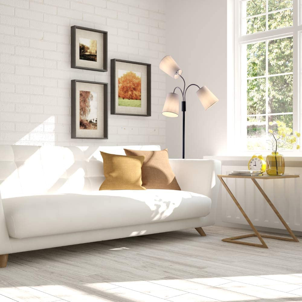 Multi Head Floor Lamp - 3 Light Adjustable Floor Lamp - Standing Lamp with 3 Adjustable White Fabric Drum Shades (Black)