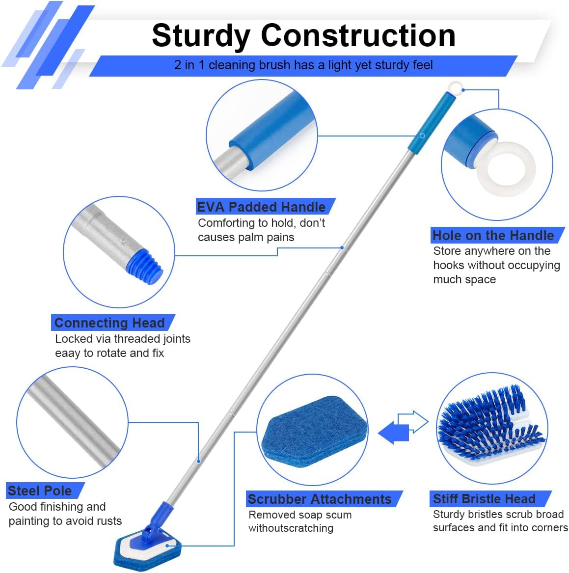 Shower Brush Scrubber with Long Extendable Handle 46'' -2In-1 Tub and Tile Cleaning Brush Interchangeable Scrub Brush Attachment for Cleaning Bathroom Shower Bathtub Floor