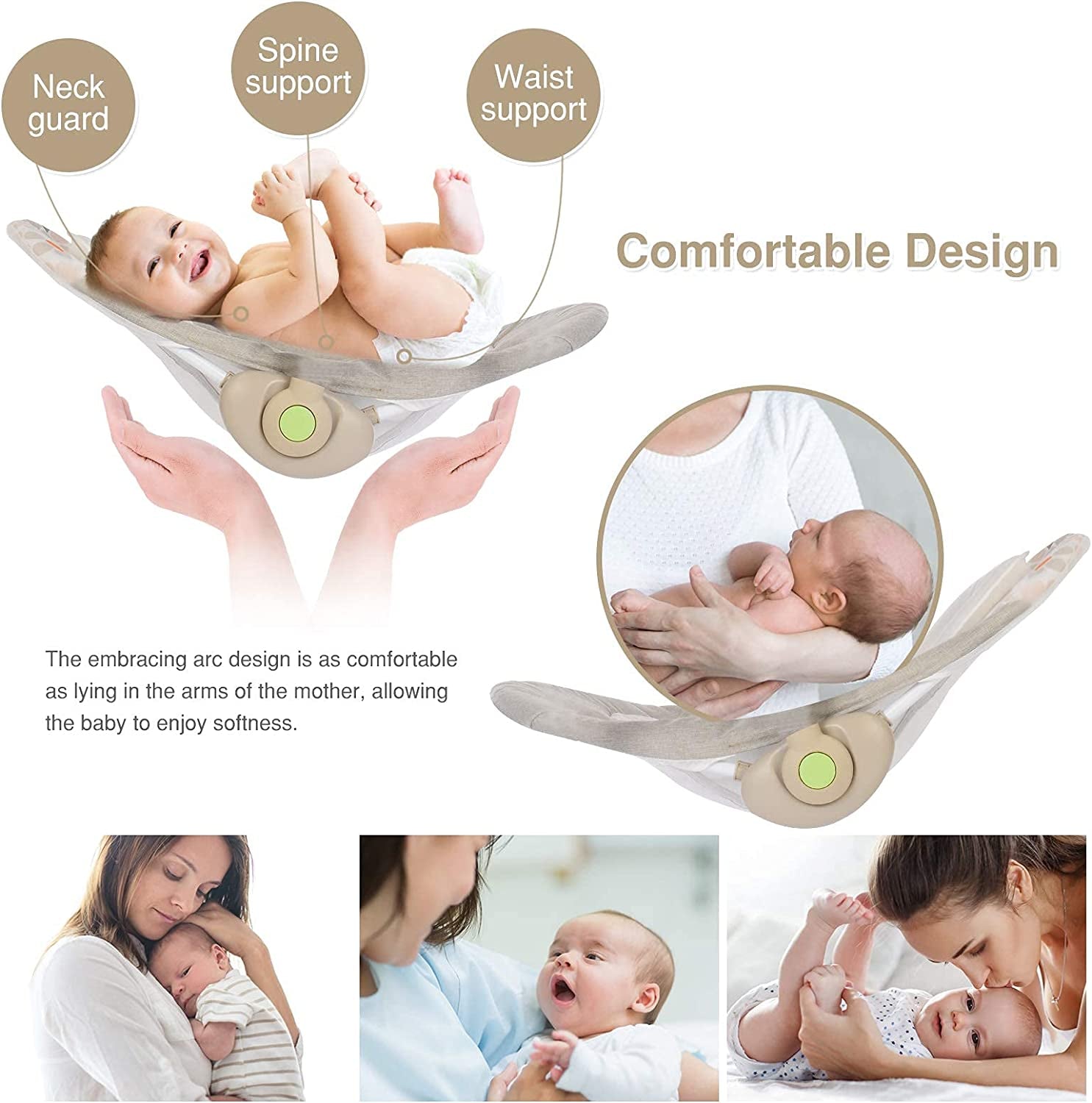 Baby Swings for Infants to Toddler, Compact Baby Swing with 6 Motions, Portable Swing with Music,Sounds,Timing, Baby Rocker with 2 Toys, Plsuh Seat & Soft Head Support, Machine Washable Fabric (Khaki)