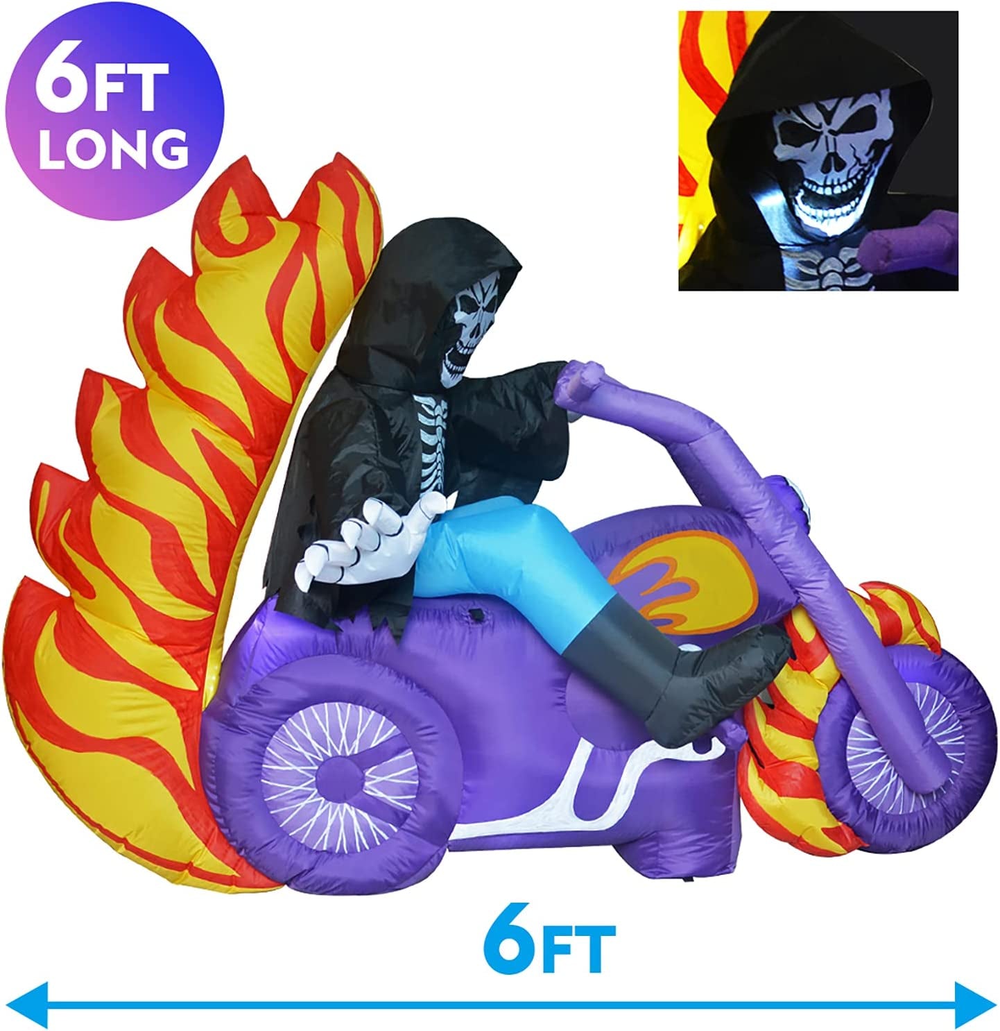 GOOSH 6 FT Halloween Inflatables Outdoor Grim Reaper on the Motorcycle, Blow up Yard Decoration Clearance with LED Lights Built-In for Holiday/Party/Yard/Garden