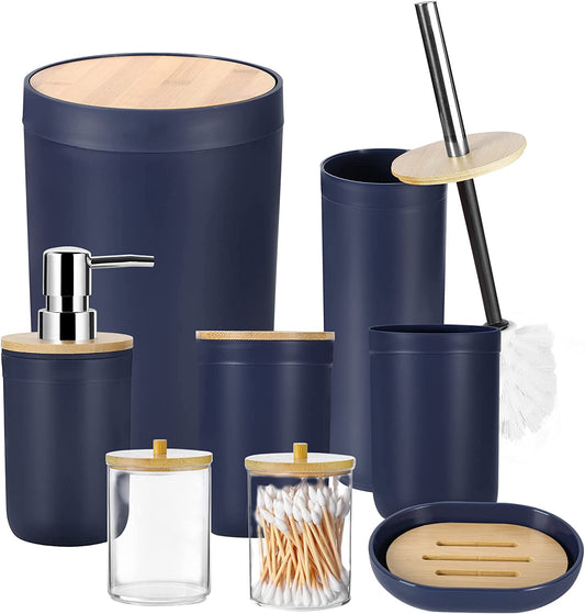 8Pcs Navy Blue Bathroom Accessories Set - with Trash Can Toothbrush Holder Soap Dispenser Soap and Lotion Set Tumbler Cup…