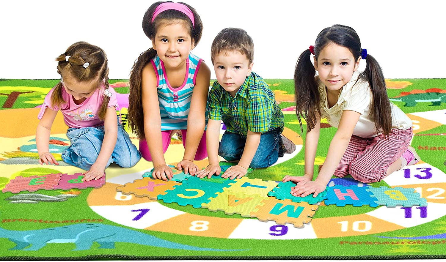 Kids Dinosaur Playmats Educational Area Rugs, Kids Play Mat Carpet for Learning Numbers, Animals and Words for Children'S Room Playroom Nursery, Kid'S Floor Play Rug for Bedroom, 3X5 Feet