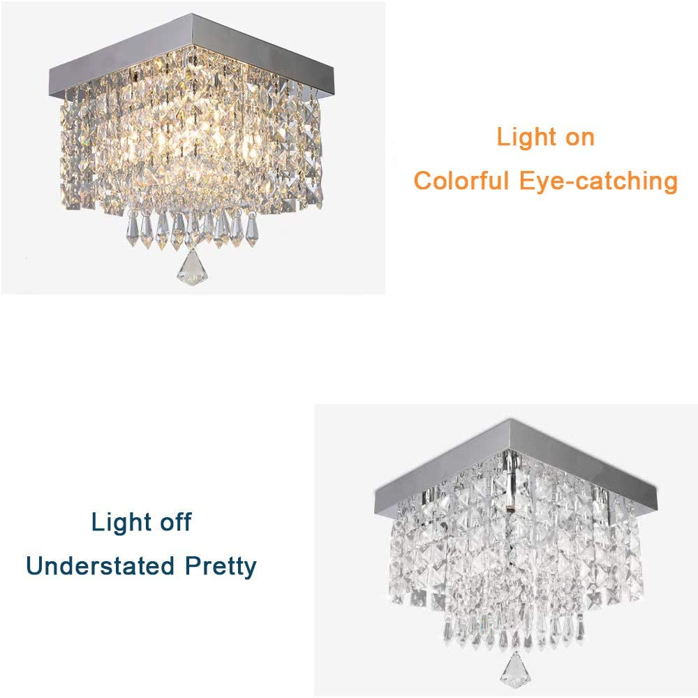 Modern Crystal Chandeliers Flush Mount Ceiling Light Lamp,Mini Square Flush Mount Ceiling Light Fixture Diameter 9.84 Inch Height 11.8 Inch, 4 Lights