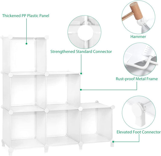 Cube Storage 6-Cube Closet Organizer Bookshelf Bookcase DIY Storage Cubes Organizer Plastic Closet Cabinet Cube Organizer Storage Shelves for Bedroom Living Room, Pure White