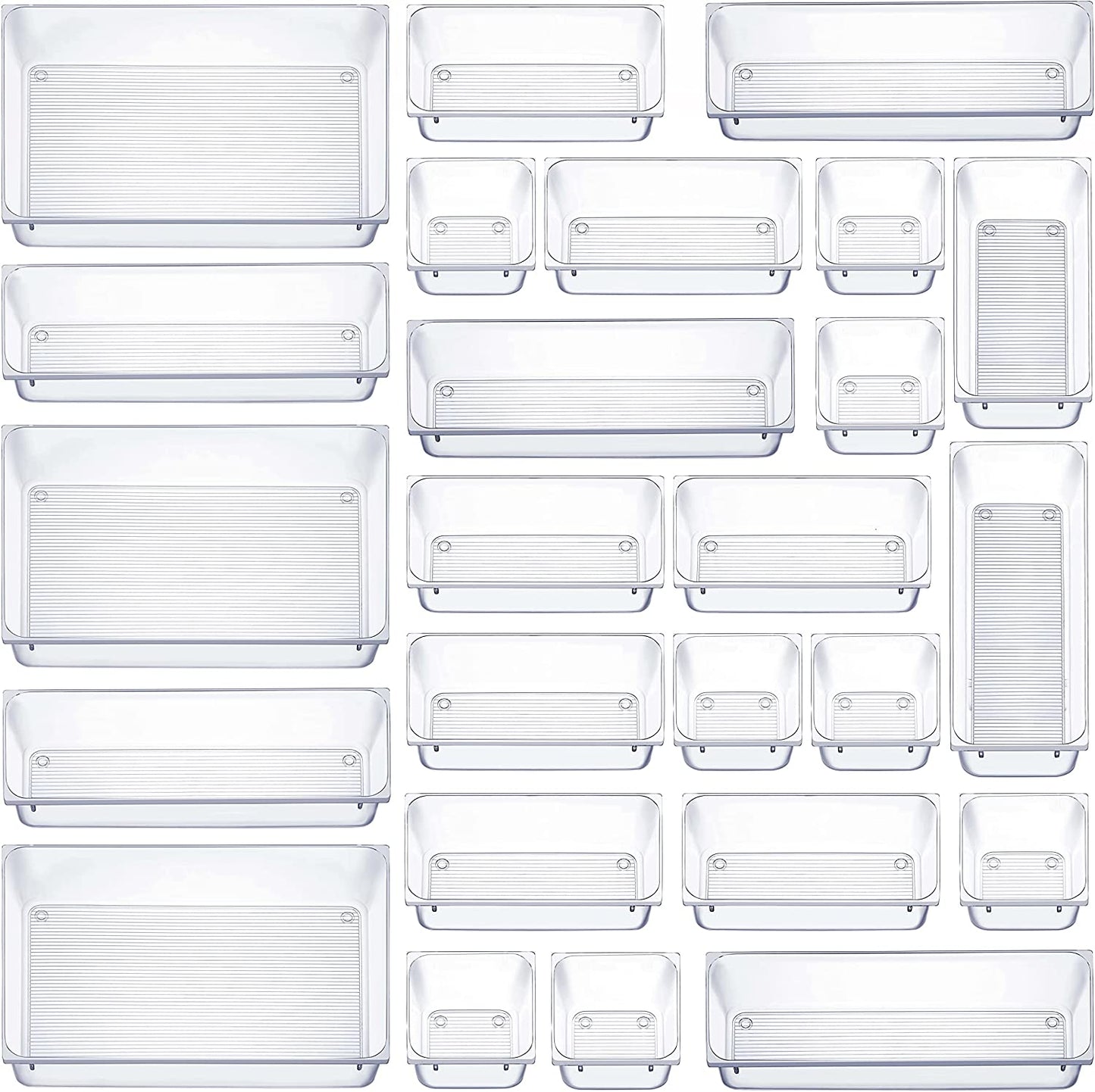 25 Pcs Drawer Organizer Set Dresser Desk Drawer Dividers - 4 Size Bathroom Vanity Cosmetic Makeup Trays - Multipurpose Clear Plastic Storage Bins for Jewelries, Kitchen Gadgets and Office Accessories
